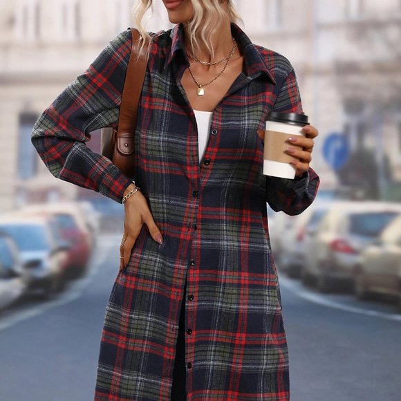 Plaid Print button down casual shacket multicolor - Picture 2 of 4